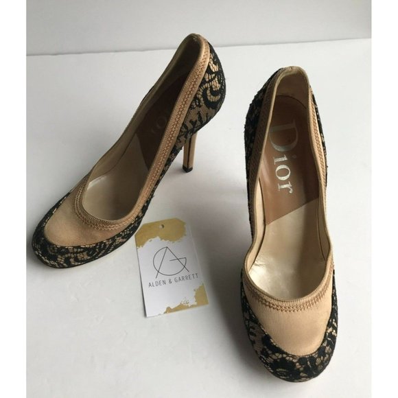 Dior Tan Pumps High Heels W/ Black Floral Lace Overlay, Size 5 (US) 35 (EUR) - Picture 1 of 10